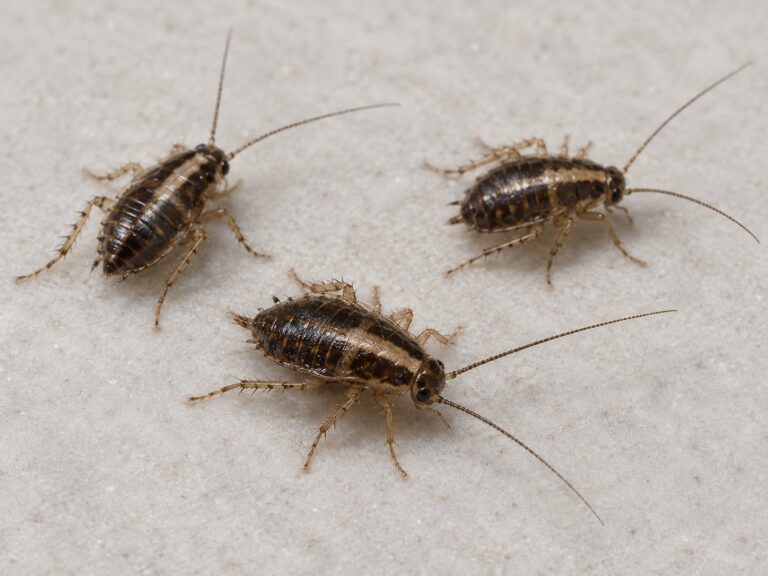 Illustration of small, dark, wingless German cockroach nymphs