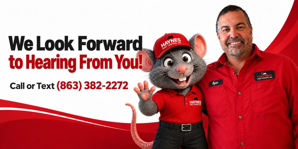Ryan and Ratty invite you to call or text Haynes Pest Control at 863-382-2272