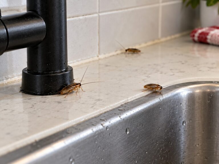 Illustration of German cockroaches near a kitchen sink and faucet